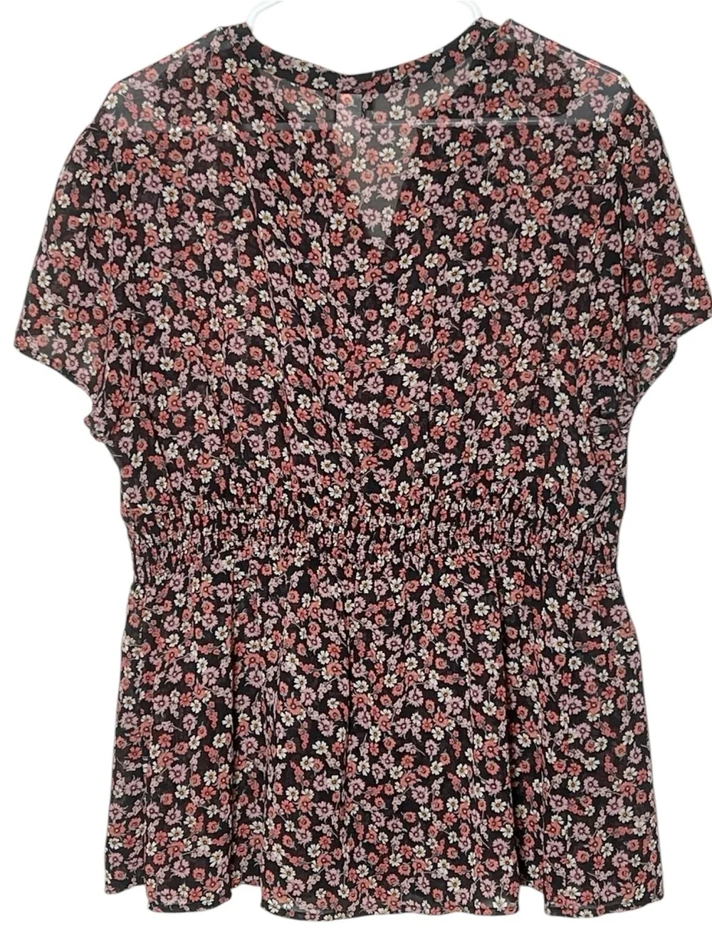 Torrid floral print button front smocked waist ruffle detail blouse size 1 14/16